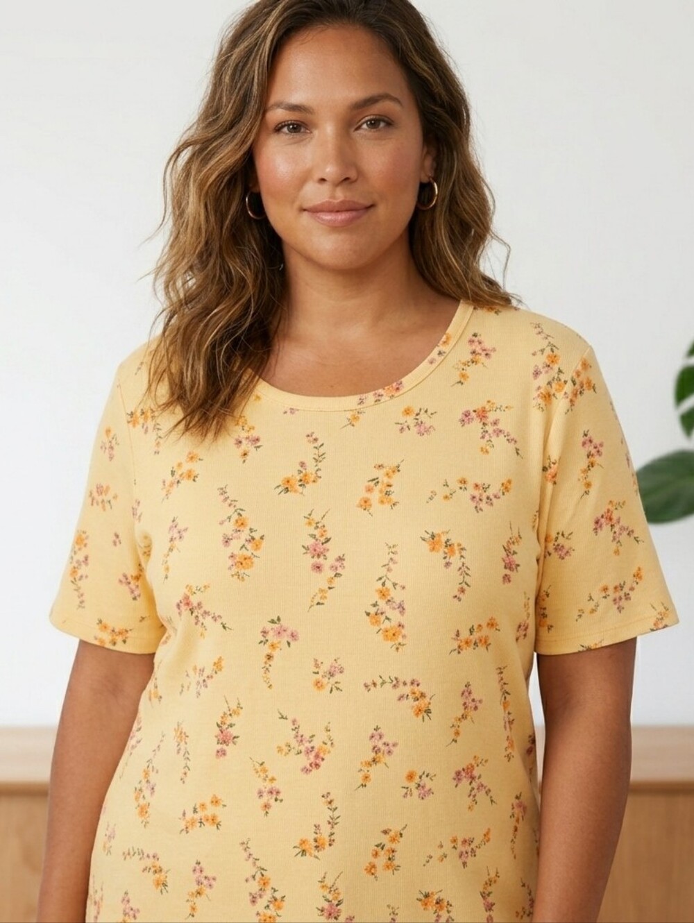 Vintage White Stag Plus Yellow Ribbed Floral Scoop Neck Top